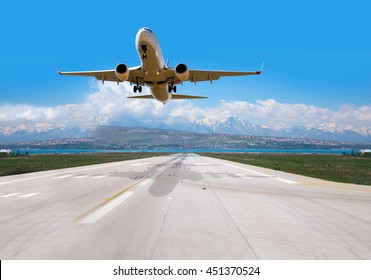 Passenger Plane Fly Up Over Take-off Runway From Airport