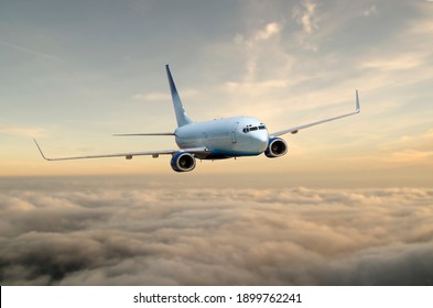 Passenger Plane Flying In The Clouds, Air Travel Concept