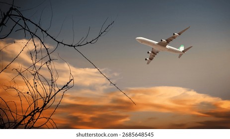 Passenger plane flying in sunset sky, orange colored clouds and tree silhouette.Travel by plane, vacation, transportation and airline concept image.