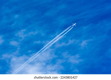 Passenger plane in the sky viewed from the ground. blue sky and clouds
