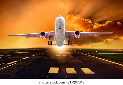 Passenger Plane Take Off From Runways Against Beautiful Dusky Sky With Copy Space Use For Air Transport ,journey And Traveling Industry Business 