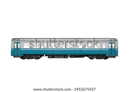 Passenger rail train car isolated on white background.