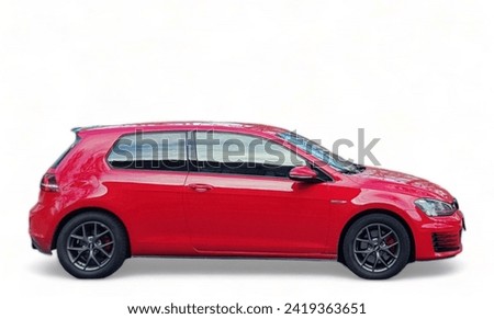 Passenger red car in a hatchback body isolated on a white background. Side view