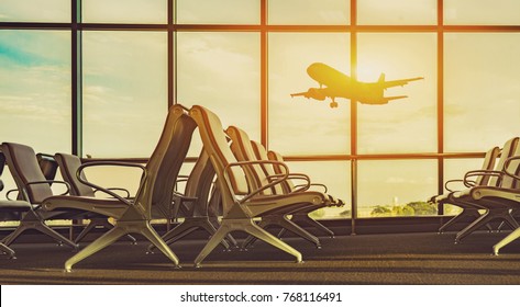 passenger seat in Departure lounge for see Airplane, view from airport terminal.sun light in vintage color selective focus,transport and travel concept - Shutterstock ID 768116491