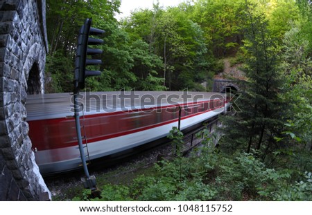Passenger tain running between two tunnels in the forest