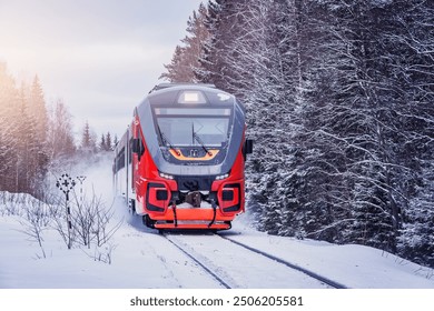 Passenger train moves through the forest at sunrise.