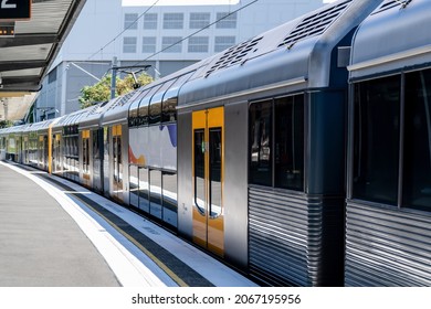 Passenger Train On The Empty Station In Sydney, New South Wales, Australia. Public Transport