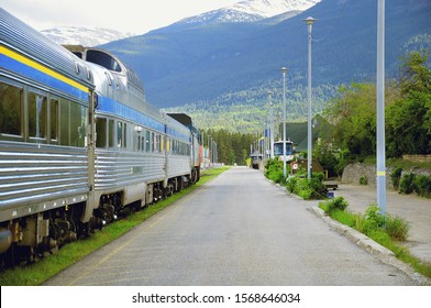 Passenger Train Stands On Jasper Station. Canada.