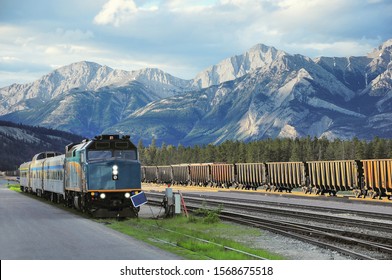 Passenger Train Stands On Jasper Station. Canada.