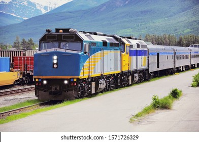 Passenger Train From Vancouver Stands At Jasper Station Platform After Arrival. Alberta. Canada.