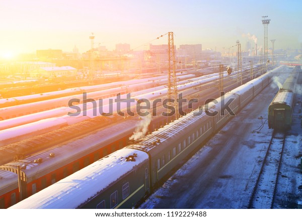 Passenger trains covered by snow\
