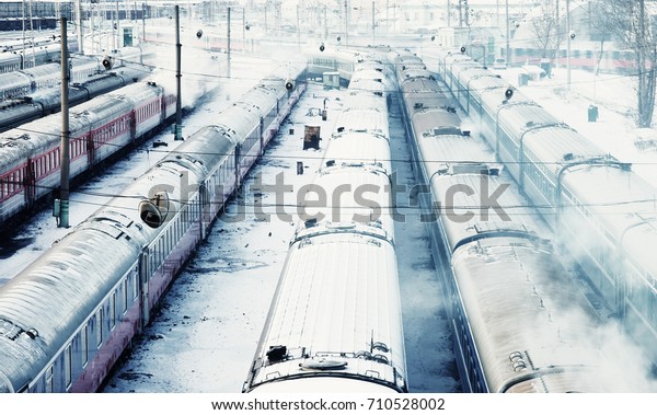Passenger\
trains covered by snow on big railway\
station