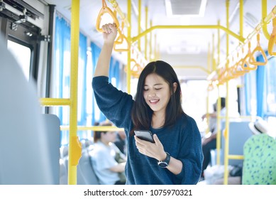 The Passenger Use Smartphone In The Bus Or Train, Technology Lifestyle, Transportation And Traveling Concept