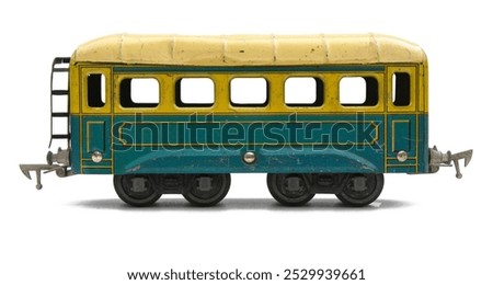 Passenger wagon. Electric railway train toys isolated on white background