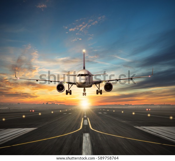 Passengers\
airplane landing to airport runway in beautiful sunset light,\
silhouette of modern city on\
background