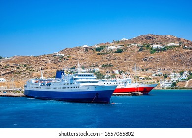 Passengers boats moored in the new port of Mykonos island in Greece