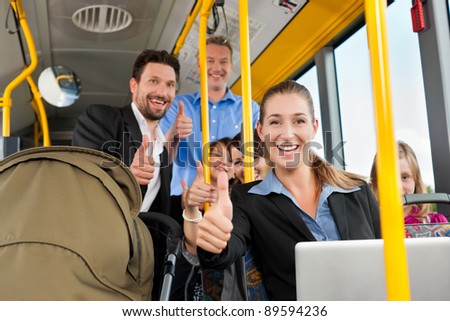 Passengers in a bus - a commuter, a father with a stroller, a man, children; all with thumps up