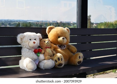 Passengers On The Bench. Teddy Bears On The Bench. Family Travels Concept. Funny Summer Photo. Bus Stop. Funny Photo, Public Transport Concept