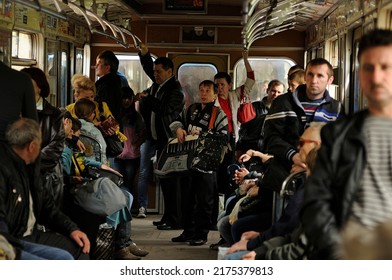 Passengers Standing And Sitting In Subway Car Crowded. October 3, 2019. Kyiv, Ukraine