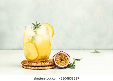 passion fruit drink, Tropical drink for summer party. on a light background, refreshing drink or beverage with ice, place for text, - Powered by Shutterstock