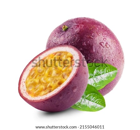 Passion fruit and half fruit with leaves isolated on white background. Fresh fruits.