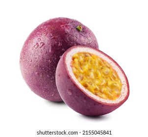 Passion fruit and half fruit in water drops isolated on white background. Fresh fruits. - Shutterstock ID 2155045841