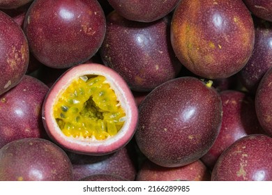 Passion Fruit Halved In A Passion Fruit Pile