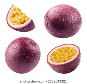 Passion fruit isolated. Ripe passion fruit, half and slice of fruit in drops of water on a white background. - Shutterstock ID 2302543321