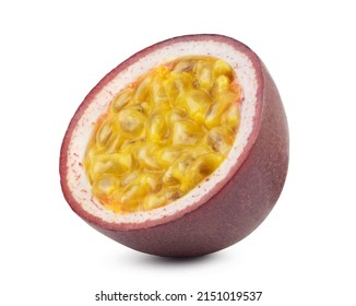 Passion fruit isolated. Ripe juicy half of passion fruit isolated on white background. Fresh fruits.