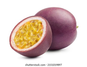 Passion fruit isolated. Ripe juicy passion fruit and half of passion fruit isolated on white background.