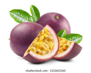 Passion fruit isolated. Ripe juicy passion fruit and passion fruit slices on a white background.