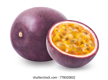 Passion fruit isolated. Whole passionfruit and a half of maracuya isolated on white background. Clipping path included.