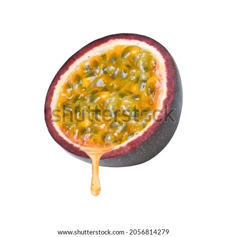 Passion fruit juice drop dripping isolated on white background.