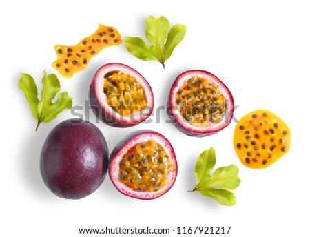 passion fruit with leaf on white background. top view