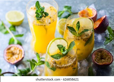 Passion fruit lemonade garnished with lime and mint