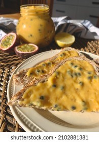 Passion Fruit Lime Curd Spread Onto Toast And In A Jar