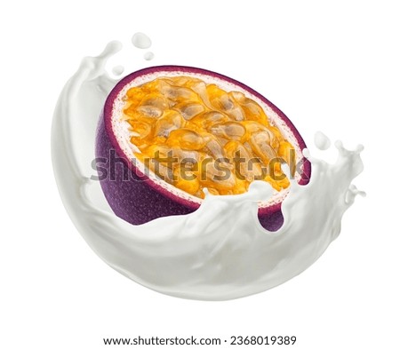 Passion fruit slice falling in milk splash isolated on white background