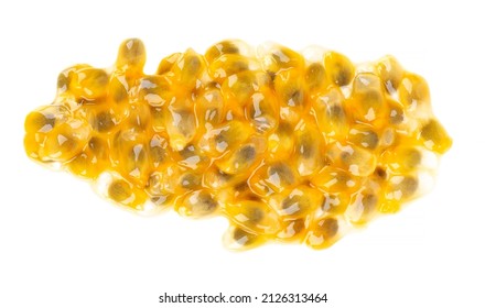 Passion Fruits Seeds Isolated On White Background. Passionfruit Or Maracuya Pulp, Exotic Fruit. Top View