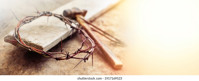 Passion Of Jesus Christ. Crown of thorns, hammer and wooden plank on ground, banner design