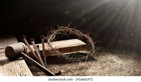 Passion Of Jesus  - Wooden Cross With Crown Of Thorns With Abstract Blurred Light