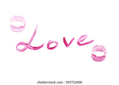 Passion love lips for Saint Valentine's day on white background. Bright lipstick traces. Handmade font.