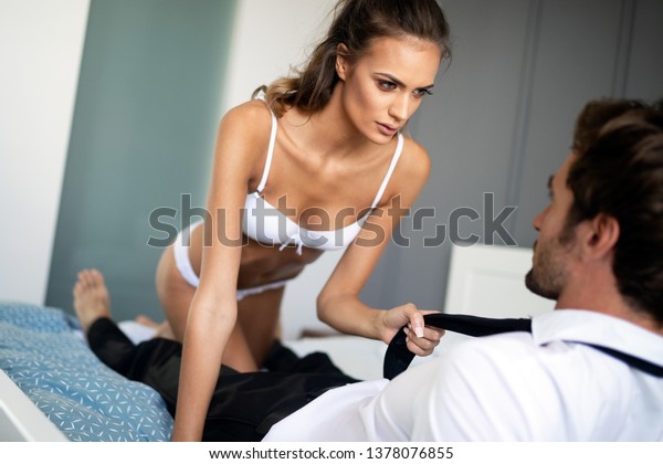 Passionate Couple Having Sex Bedroom Portrait Stock Image