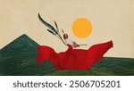 Passionate female dancer in flowing red dress elegantly dancing on lush hillside, holding tall flowers against backdrop of golden sun. Contemporary art collage. Concept of surrealism and creativity