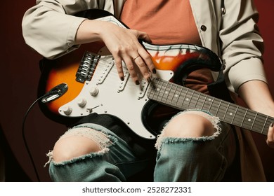 Passionate female guitarist playing a solo. - Powered by Shutterstock