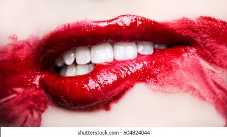 Passionate Red Lips. Blurry Makeup Up Close. Biting Lip. Macro Photography, Small Depth Of Field