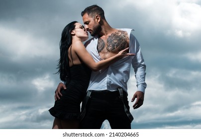 Passionate sexy moments. Romantic couple in love dating. Man kissing and embracing woman in the tender passion.