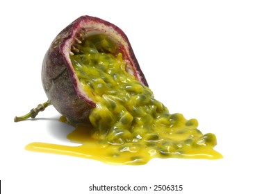 Passionfruit Half With Pulp Spilling, Isolated On White