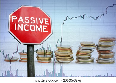 Passive Income Stop Road Sign On Economy Background With Graph And Coins