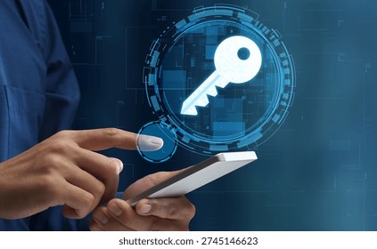 Passkeys and secure passwordless authentication technologies. Man tapping smartphone. Encryption key icon.