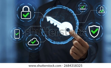 Passkeys and secure passwordless authentication technologies. Business person holding  an encryption key icon.